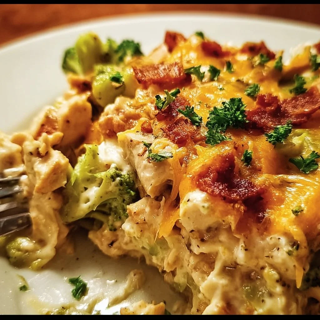 Creamy low carb chicken casserole served in a baking dish