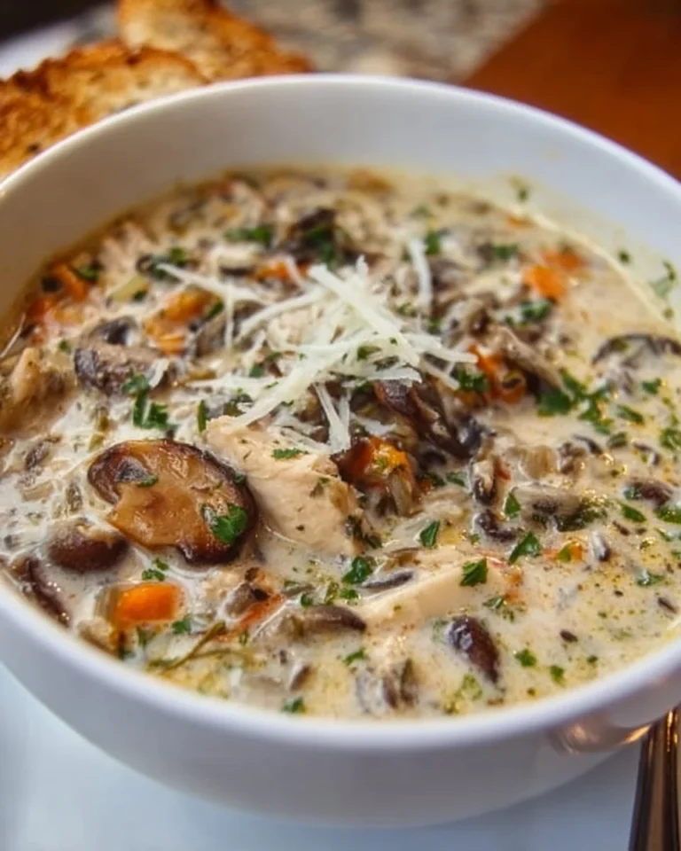 Creamy mushroom chicken and wild rice soup in a bowl, garnished with herbs.