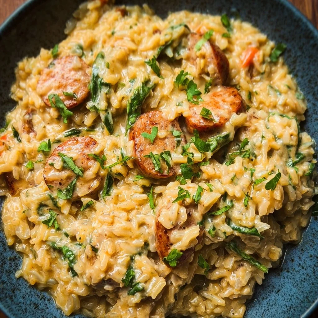 Creamy one pot chicken sausage and rice meal served in a bowl