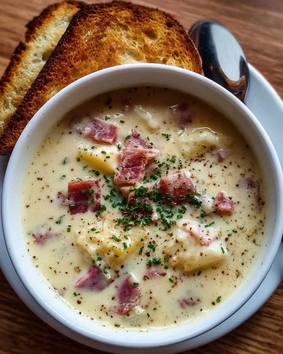 Bowl of creamy Reuben soup topped with herbs and served with crusty bread