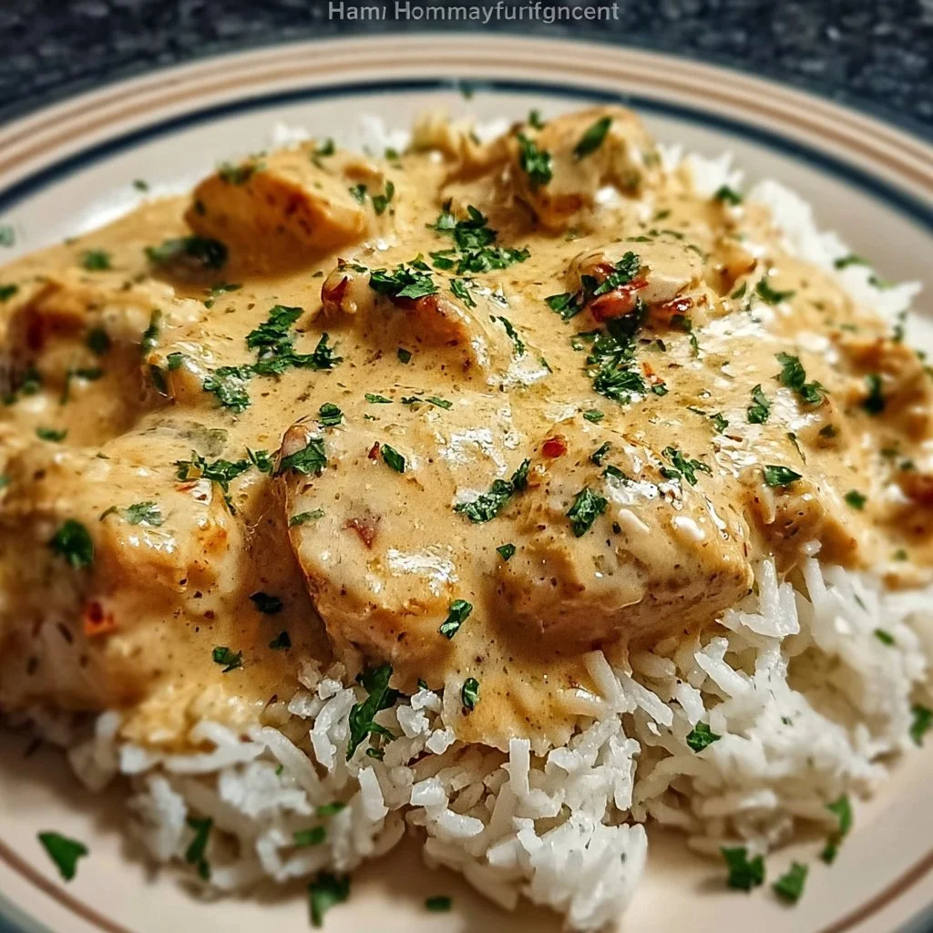 Delicious creamy smothered chicken served over rice in a bowl.