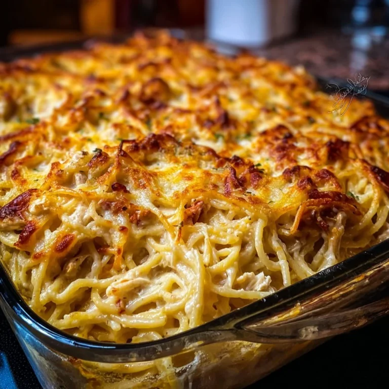 Creamy Southern spaghetti bake with cheese and herbs in a baking dish