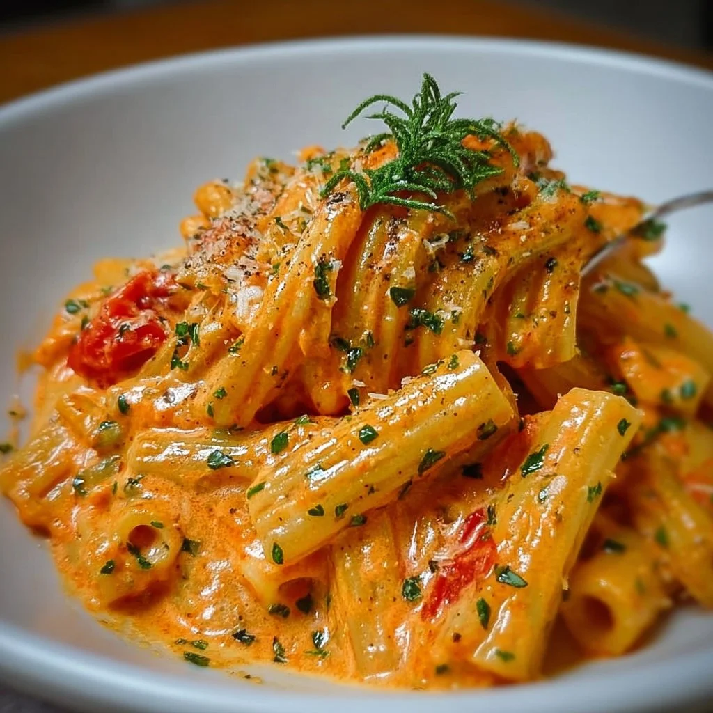 Creamy tomato garlic pasta served in a white bowl with fresh herbs and cheese