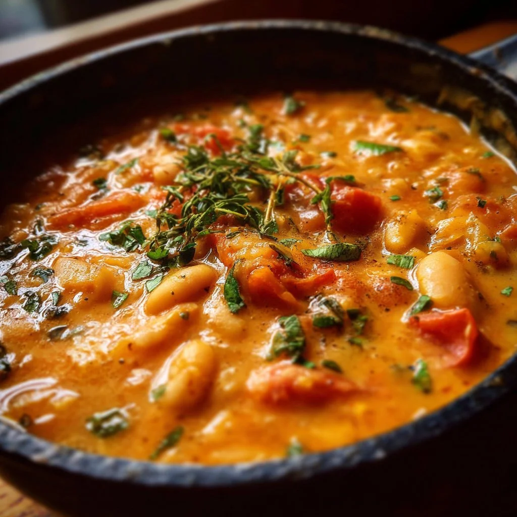 Bowl of creamy vegan tomato white bean stew garnished with fresh herbs.