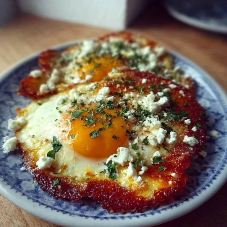 Plate of Crispy Feta Fried Eggs garnished with herbs