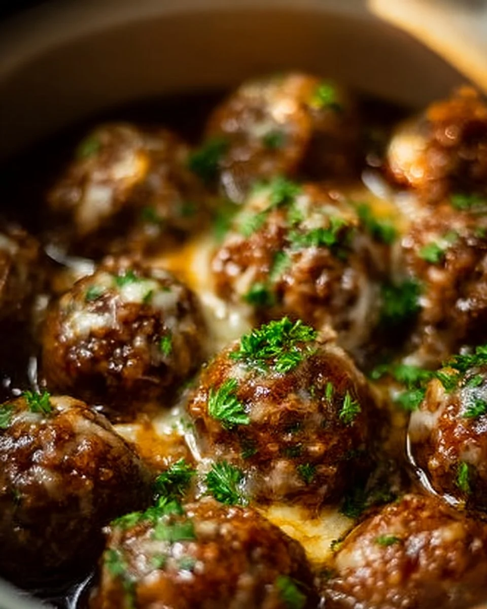Crockpot French onion meatballs served in a rich onion gravy