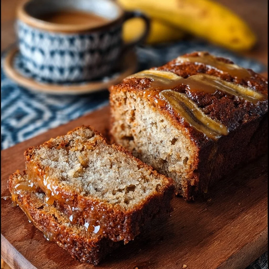 Delicious gluten free banana bread on a rustic table with fresh bananas.