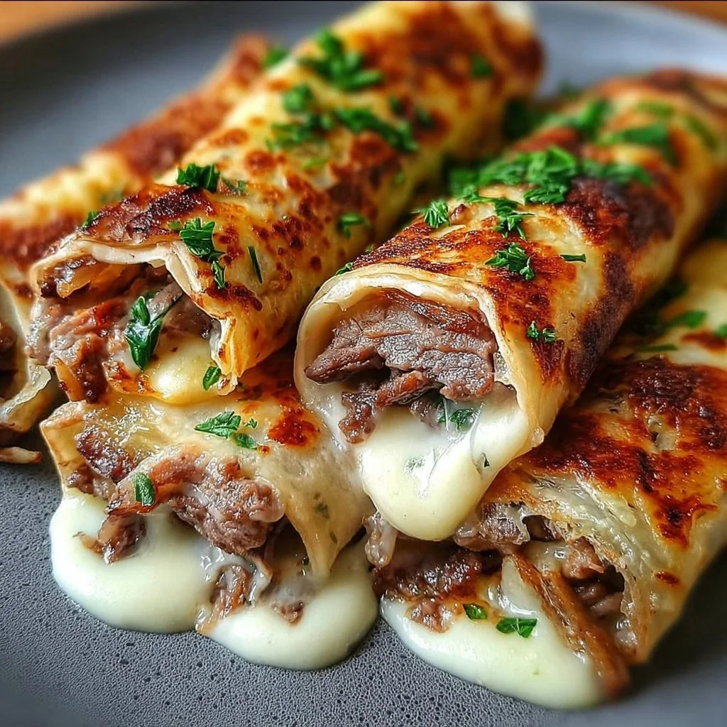 Keto Philly Cheesesteak Roll Ups with melted cheese and peppers on a plate