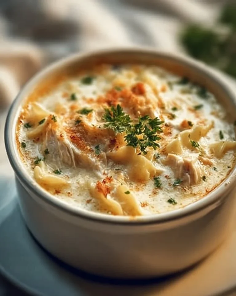 Bowl of delicious white chicken lasagna soup topped with parsley and cheese