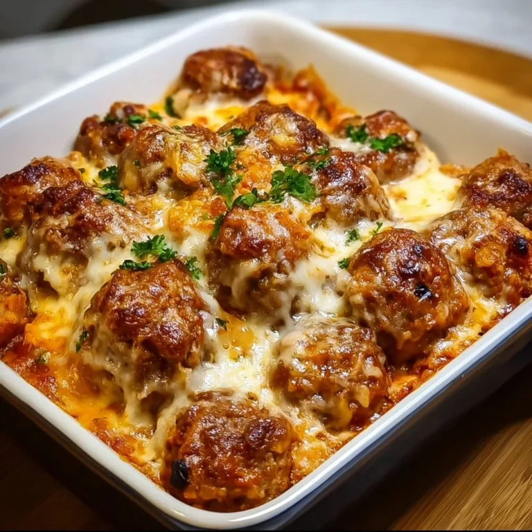 Delicious Dump-and-Bake Meatball Casserole topped with cheese and herbs.