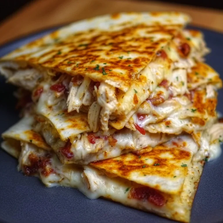 Delicious chicken bacon ranch quesadilla on a plate with toppings