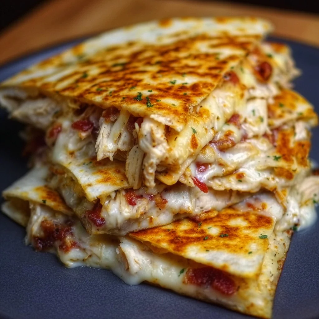 Delicious chicken bacon ranch quesadilla on a plate with toppings