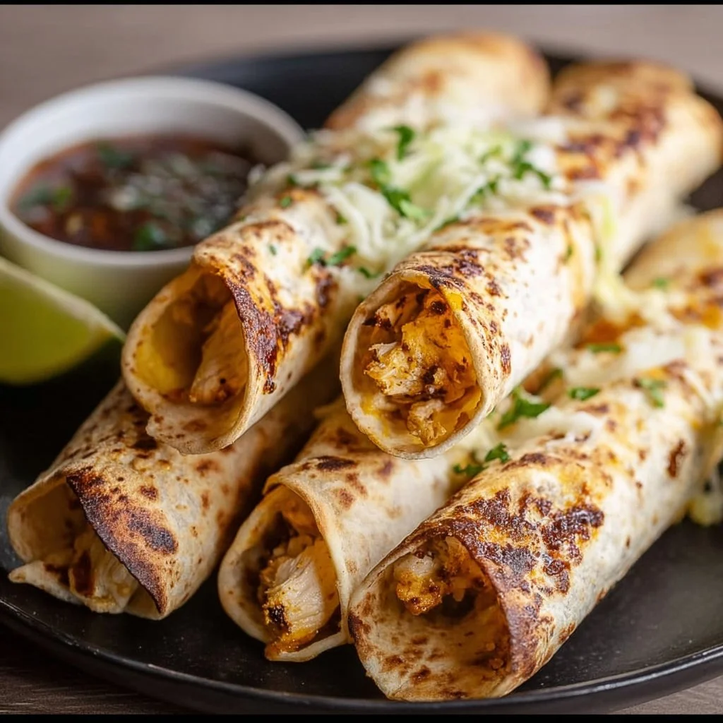 Easy gluten-free chicken taquitos served on a plate with dipping sauce