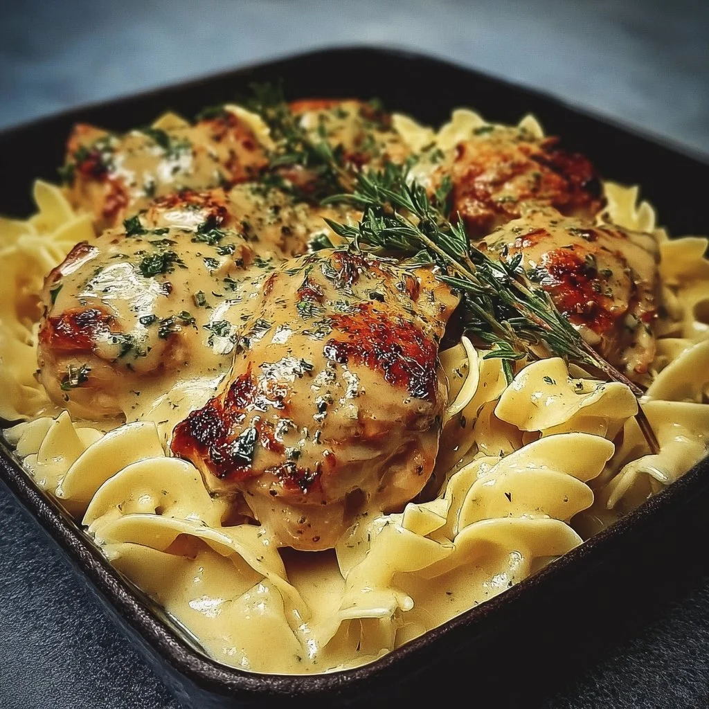 Easy one-pan chicken recipe served with buttered noodles