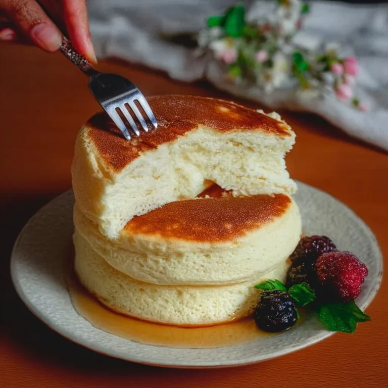 Fluffy Japanese soufflé pancakes stacked with syrup and fruits