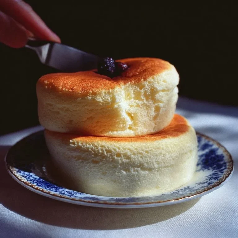 Fluffy Japanese soufflé pancakes served with syrup and berries