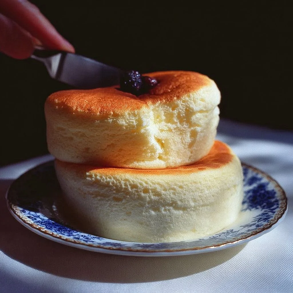 Fluffy Japanese soufflé pancakes served with syrup and berries