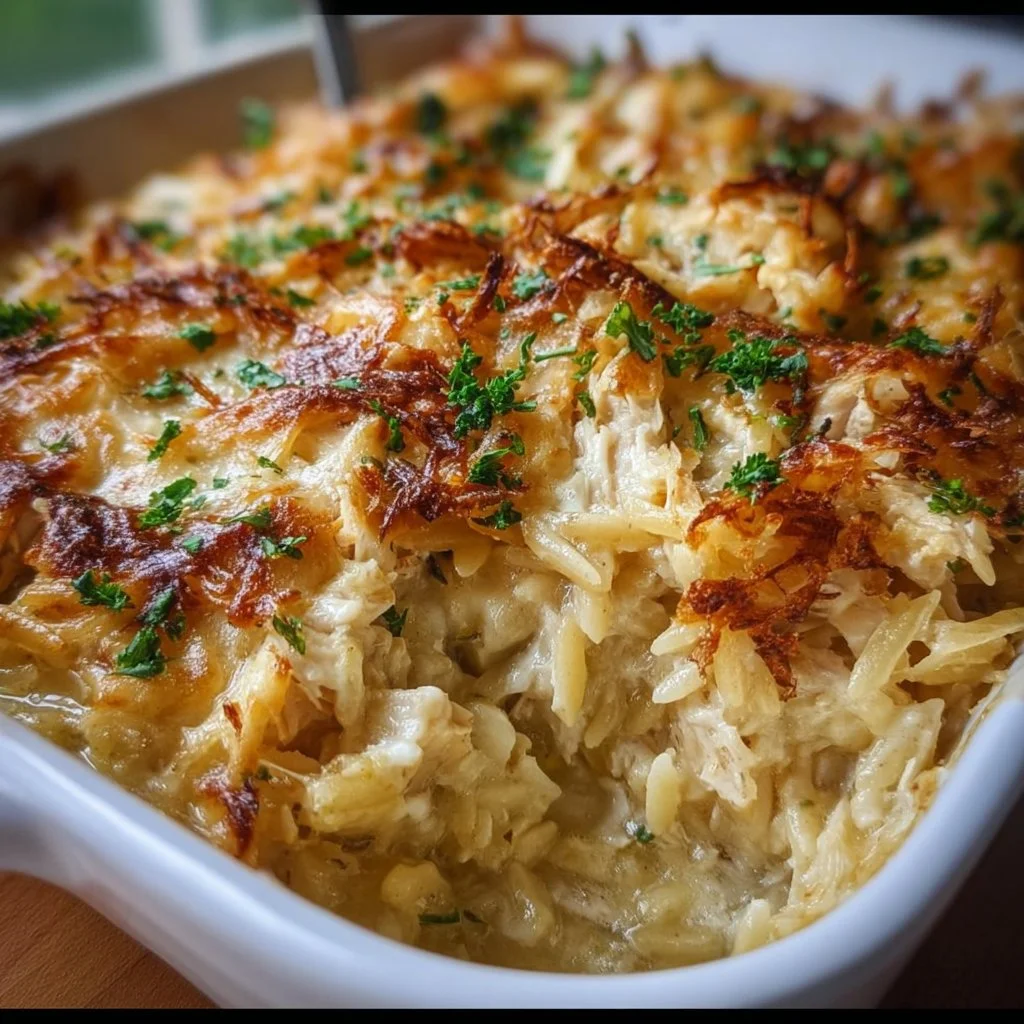 Delicious French Onion Chicken Orzo Casserole dish garnished with herbs