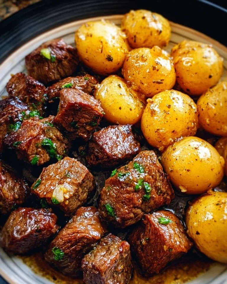 Delicious Garlic Butter Beef Bites served with crispy potatoes.