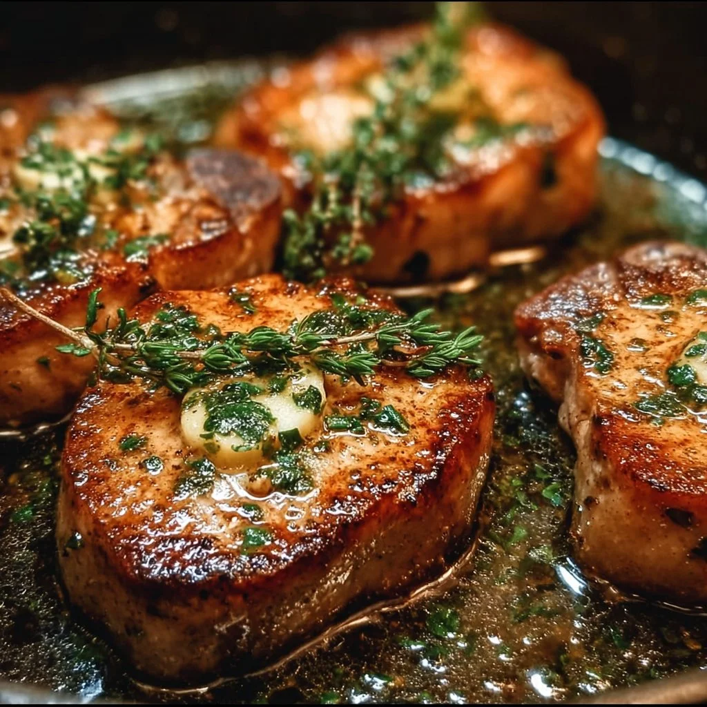 Delicious garlic butter pan-seared pork chops served on a plate