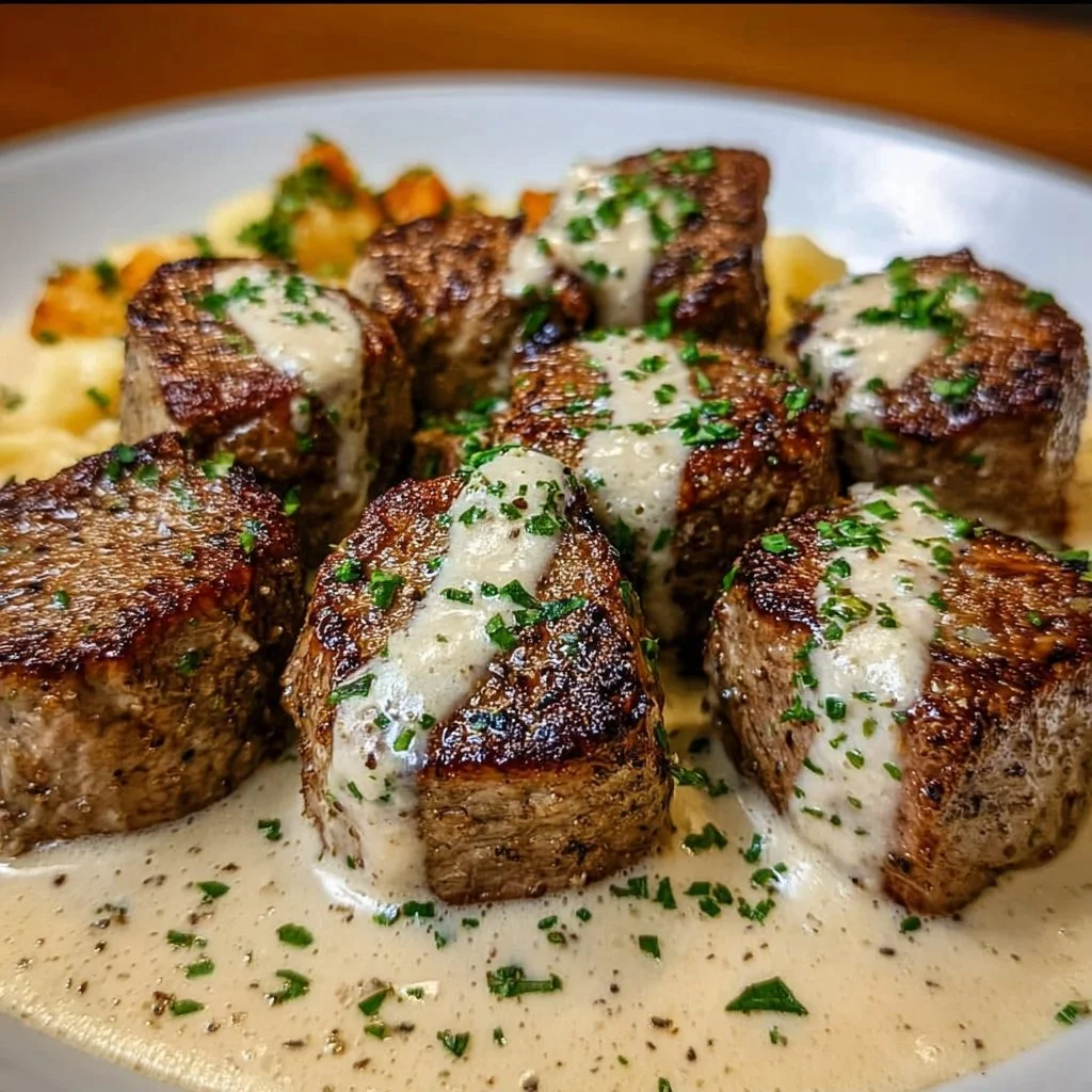 Garlic Butter Steak Bites served with rich Parmesan cream sauce