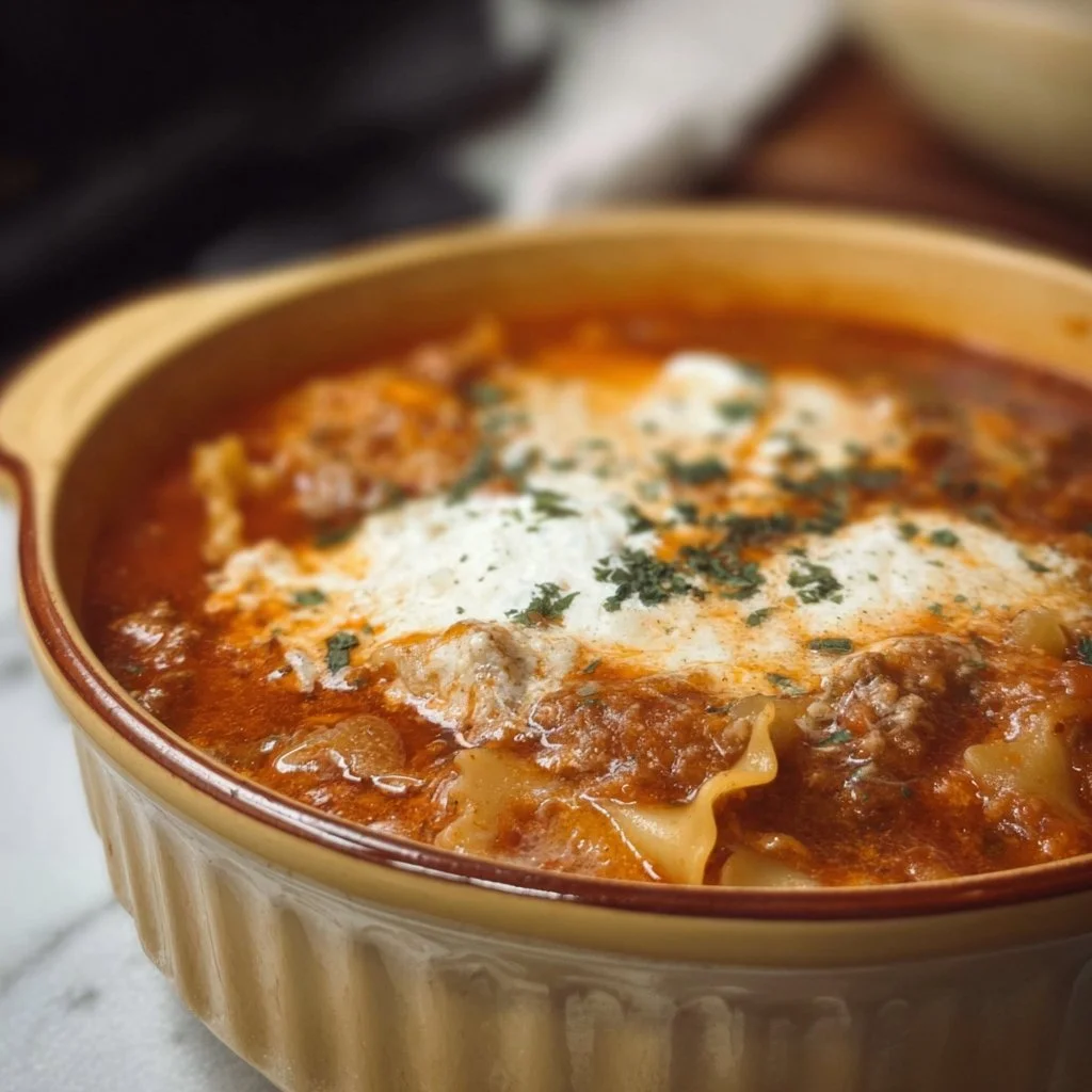Gluten free and dairy free lasagna soup in a bowl with toppings