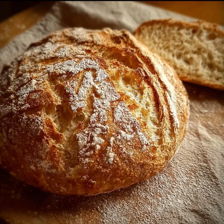 Loaf of gluten free no knead bread on a rustic wooden table