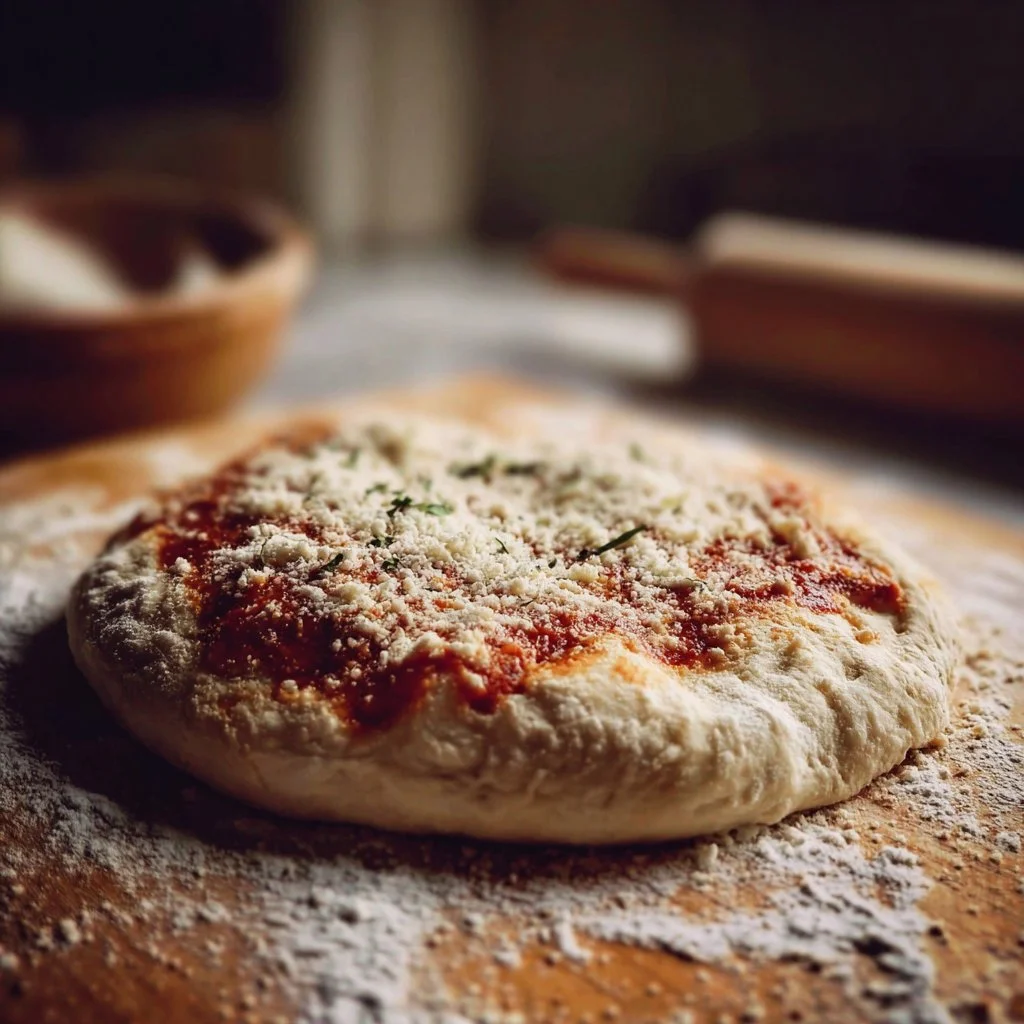Homemade gluten free pizza dough on a wooden cutting board