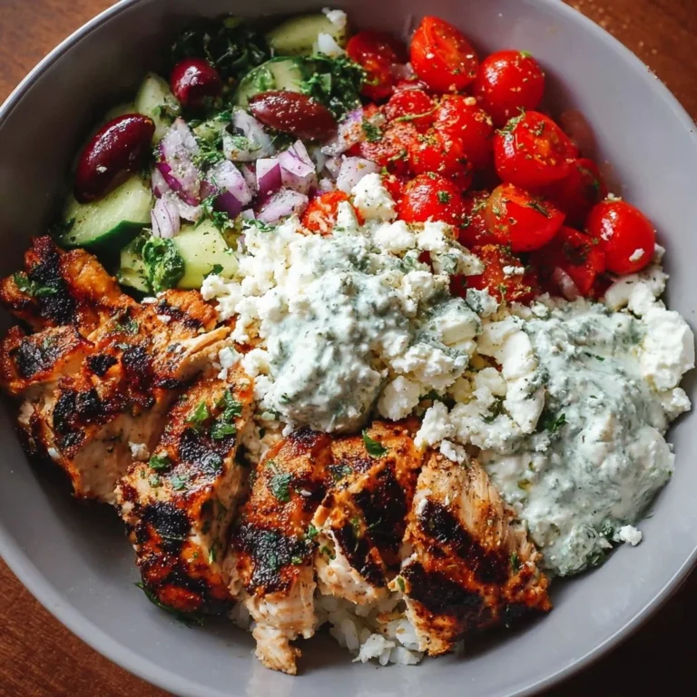 Colorful Greek Chicken Bowl with fresh vegetables and herbs