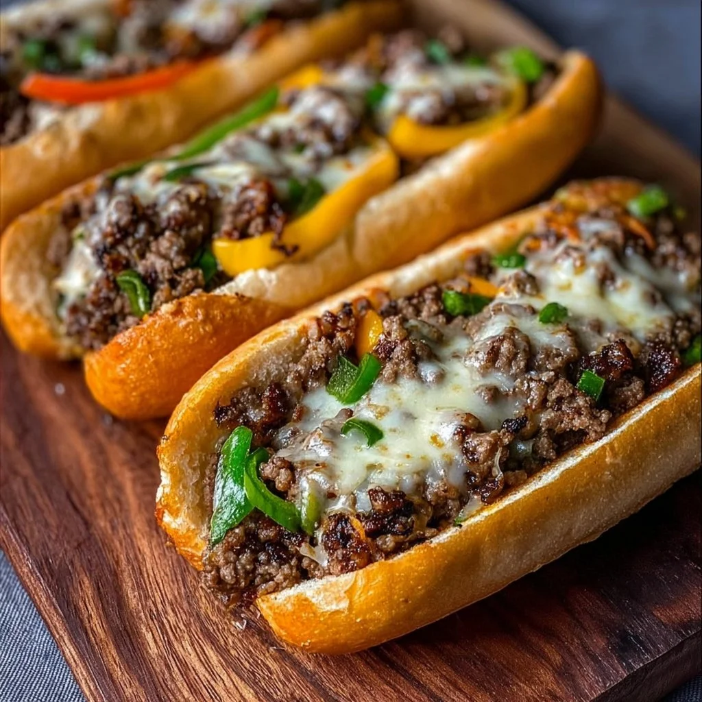 Delicious Ground Beef Philly Cheesesteaks recipe with toppings and cheese