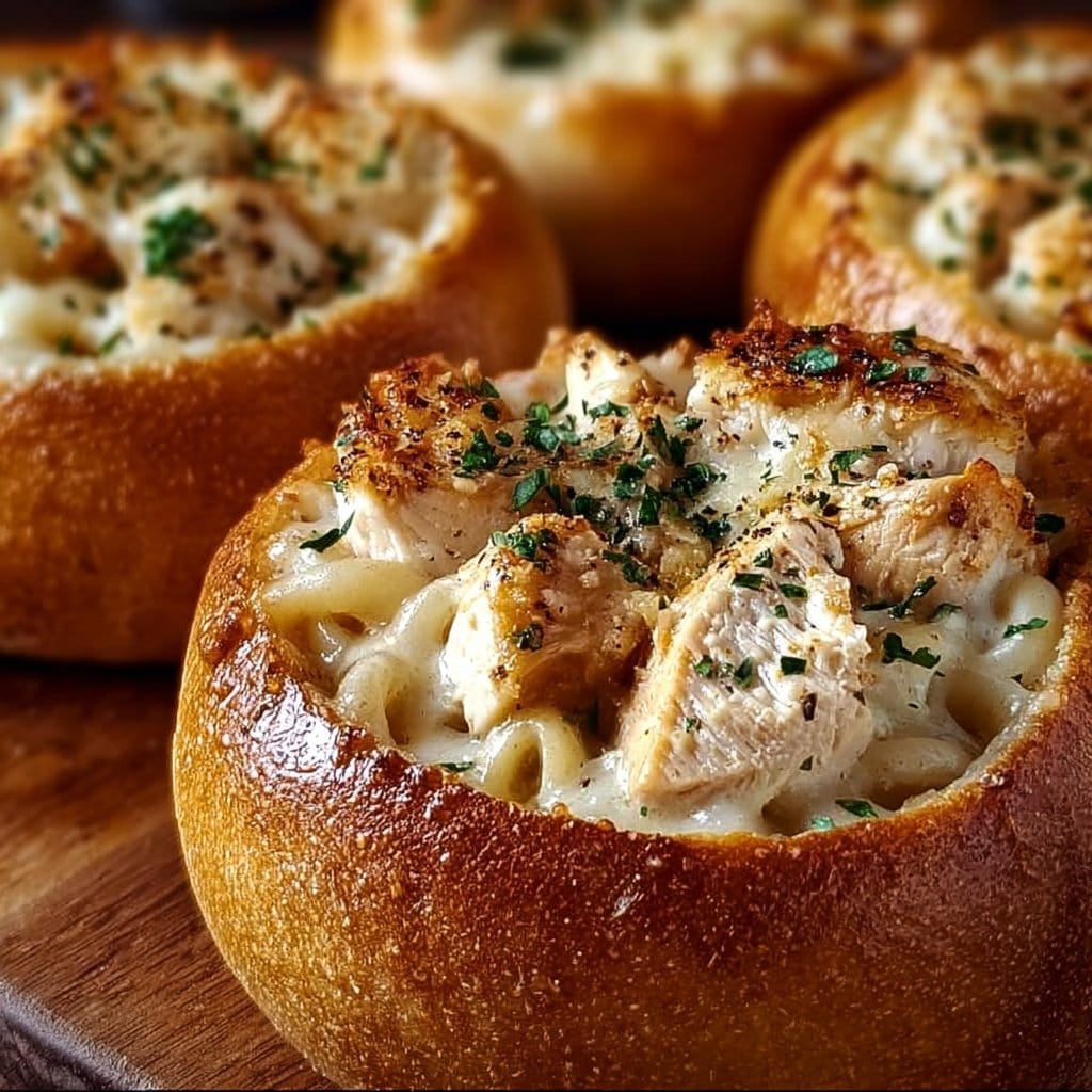 Chicken Alfredo Garlic Bread Bowls