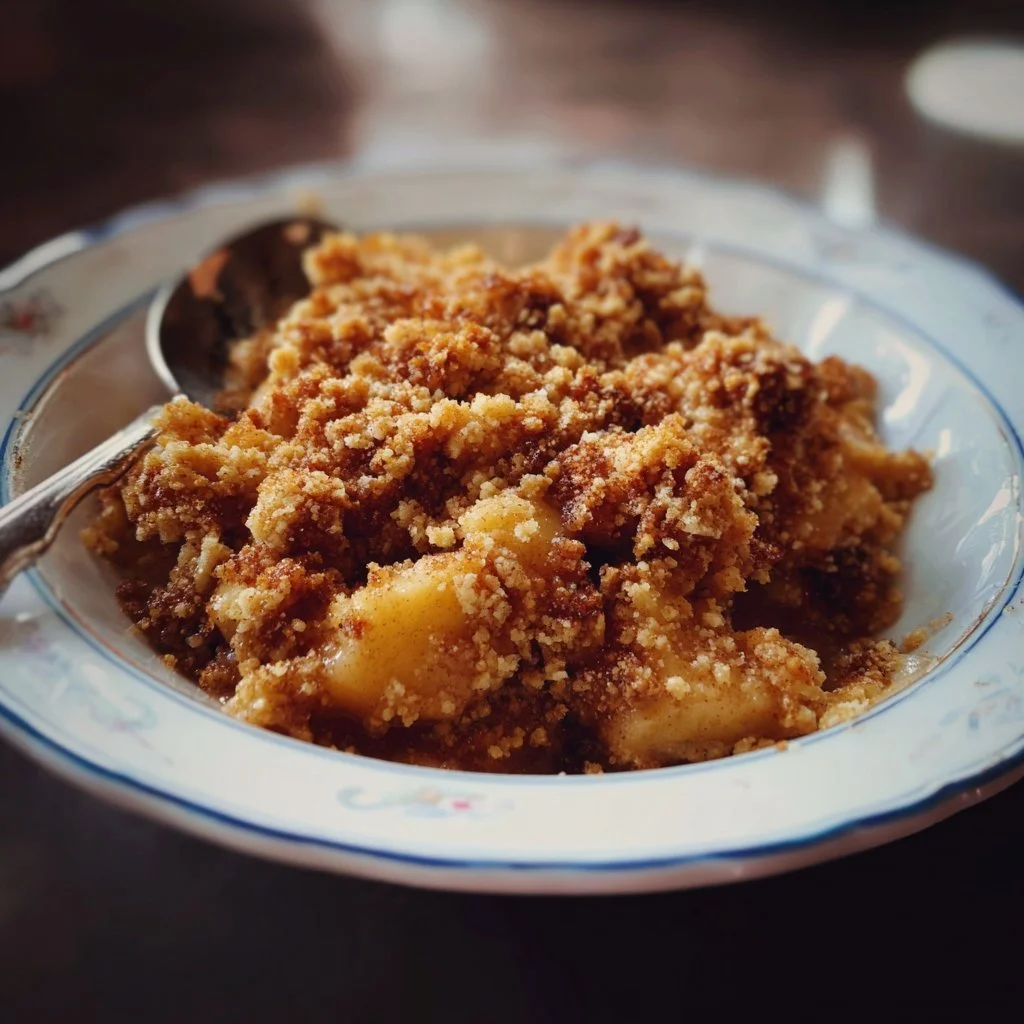 Healthy breakfast apple crumble topped with oats and cinnamon