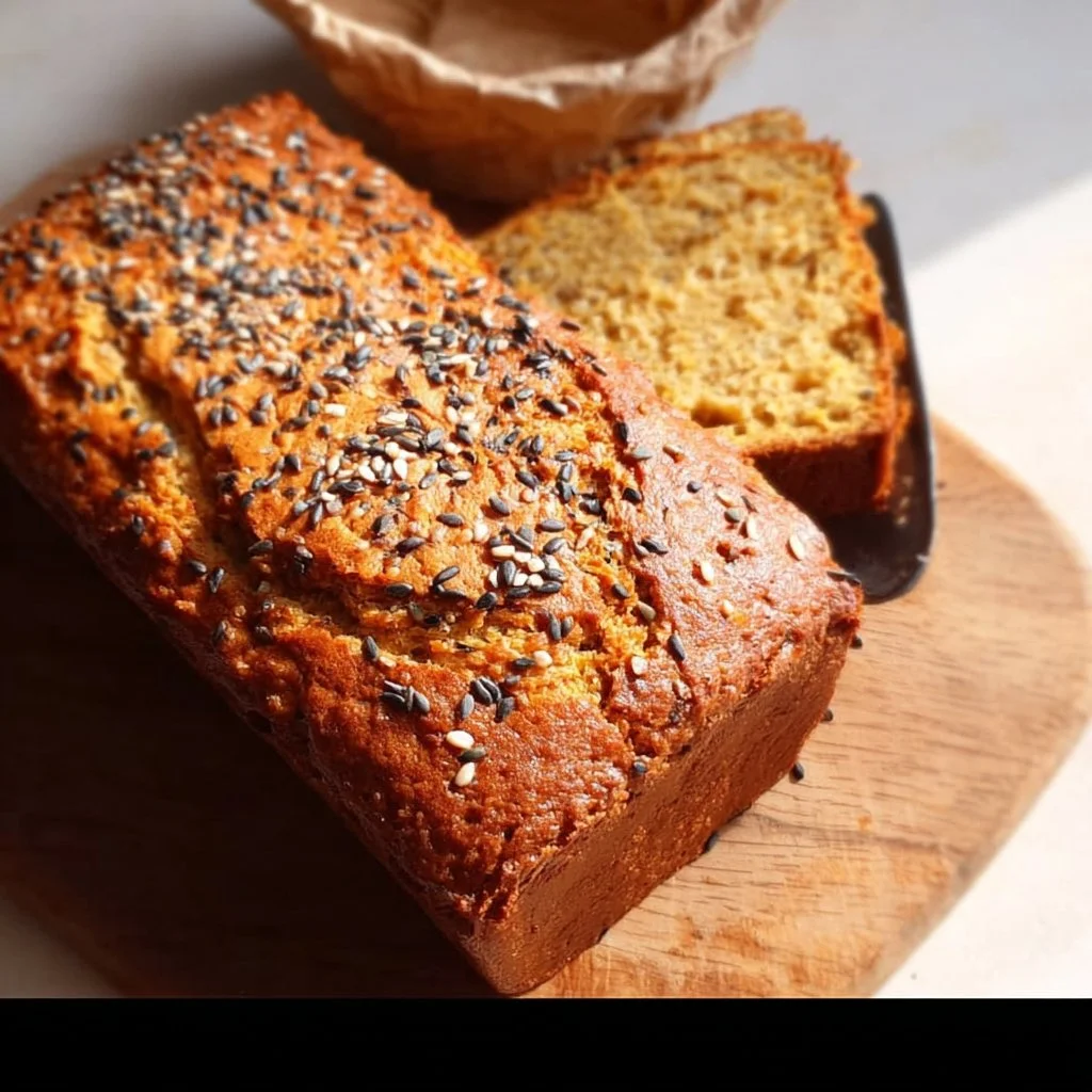 Sliced healthy lentil bread on a wooden cutting board