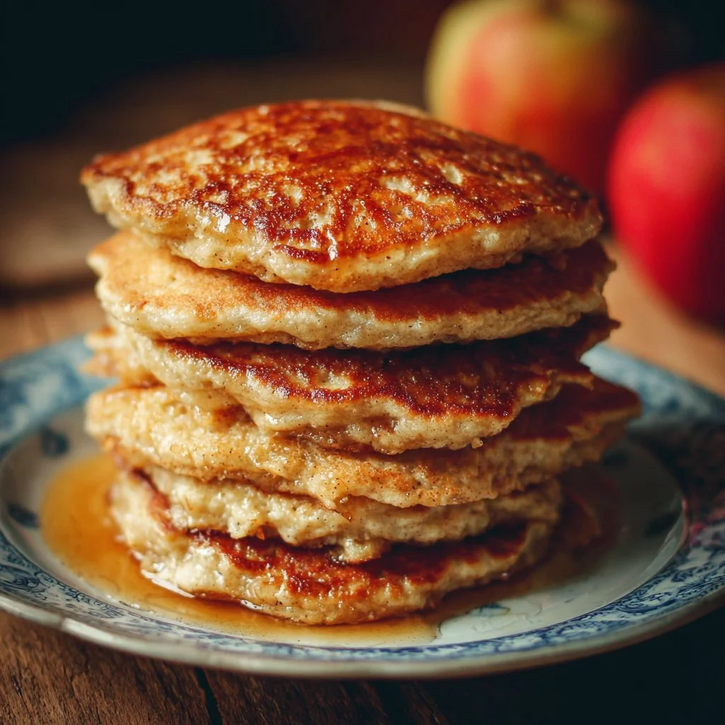 Delicious healthy oatmeal apple pancakes stacked on a plate