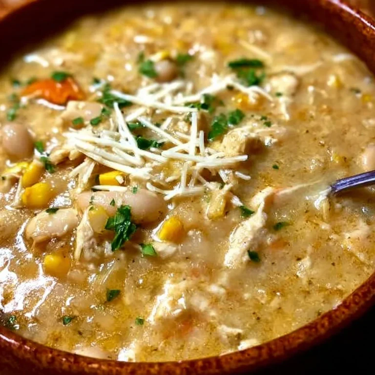 Bowl of healthy white chicken chili topped with fresh herbs and spices.