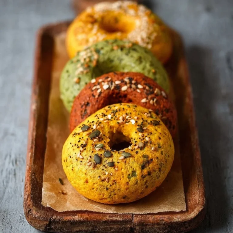 High-protein lentil bagels in red, green, and yellow variations.