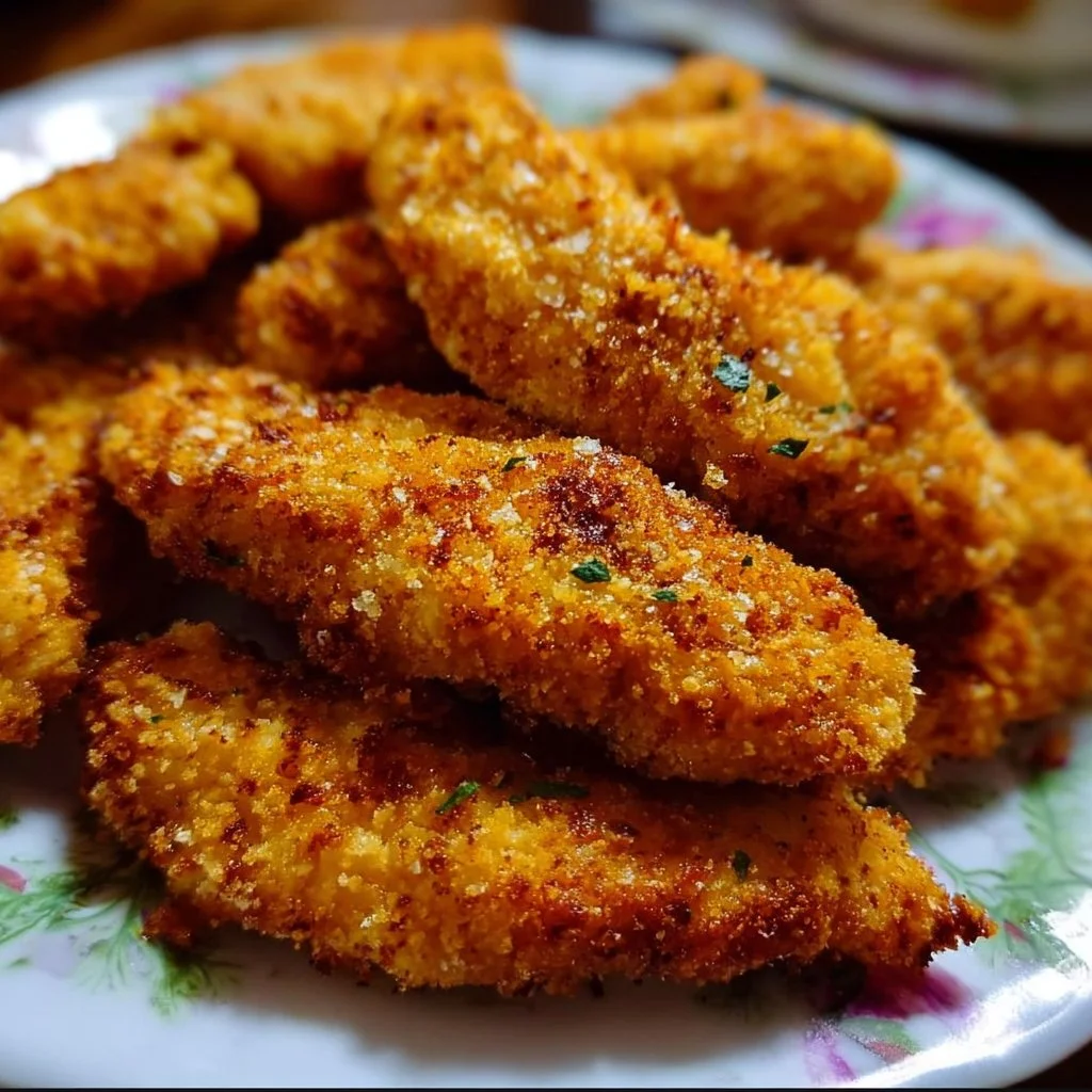 Crispy homemade baked chicken tenders served on a plate with dipping sauce