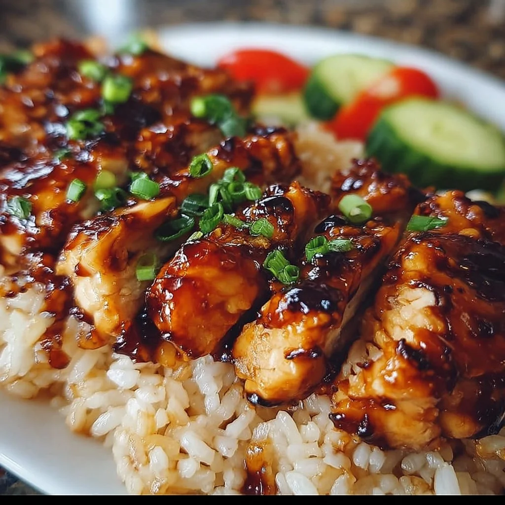 Delicious Honey BBQ Chicken served over fluffy rice.