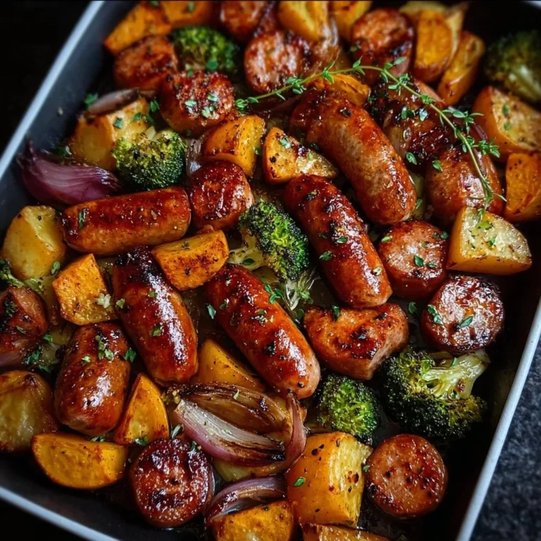 Honey Garlic Sheet Pan Sausage with vegetables ready to eat