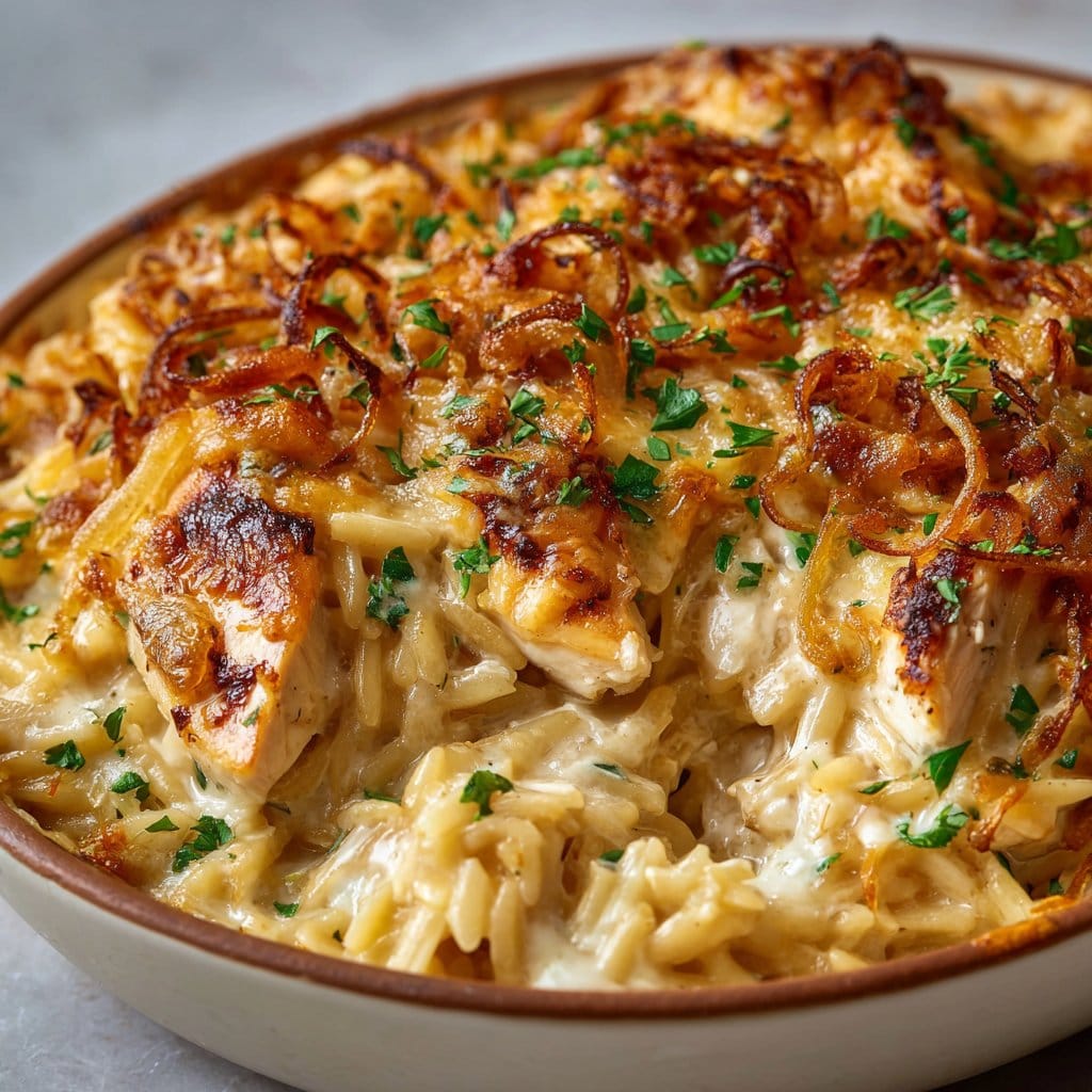 French Onion Chicken Orzo Casserole