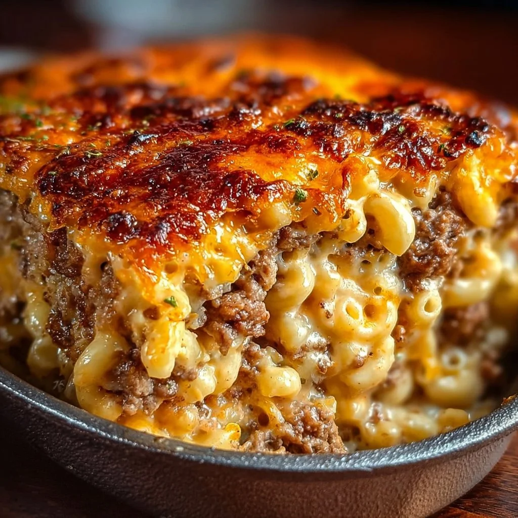 Delicious Mac and Cheese Meatloaf Casserole served on a plate