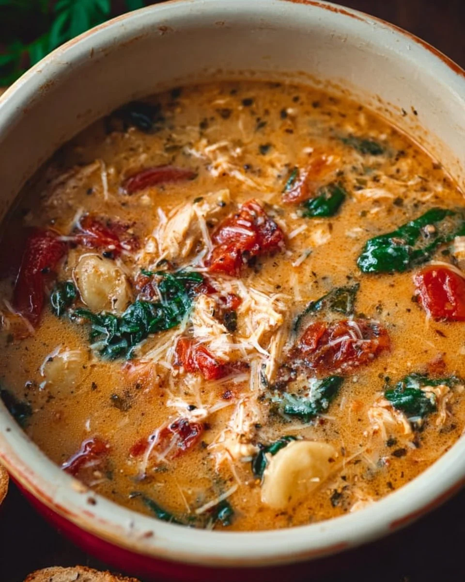 Bowl of Marry Me Tuscan Chicken Soup garnished with herbs