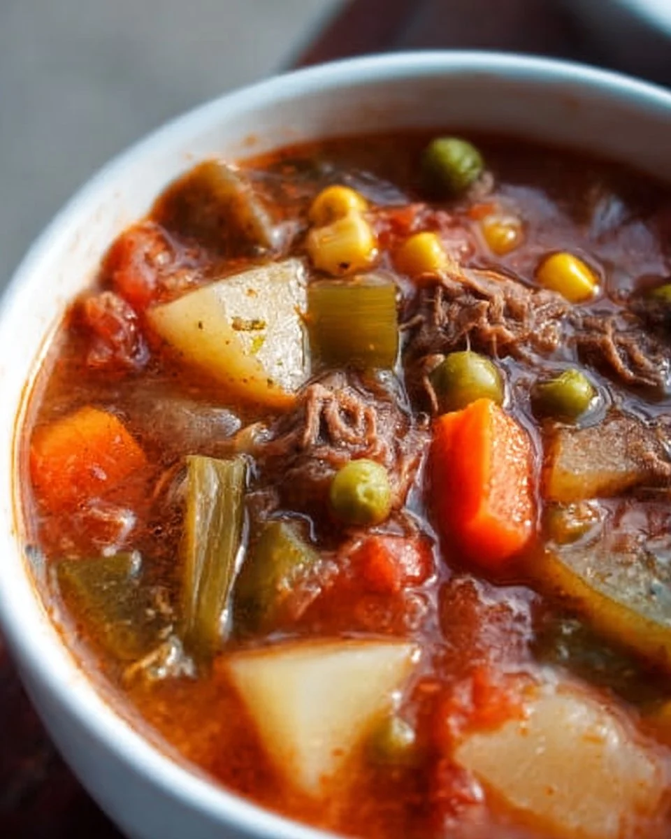 A bowl of my mom's old-fashioned vegetable beef soup with fresh vegetables and beef.