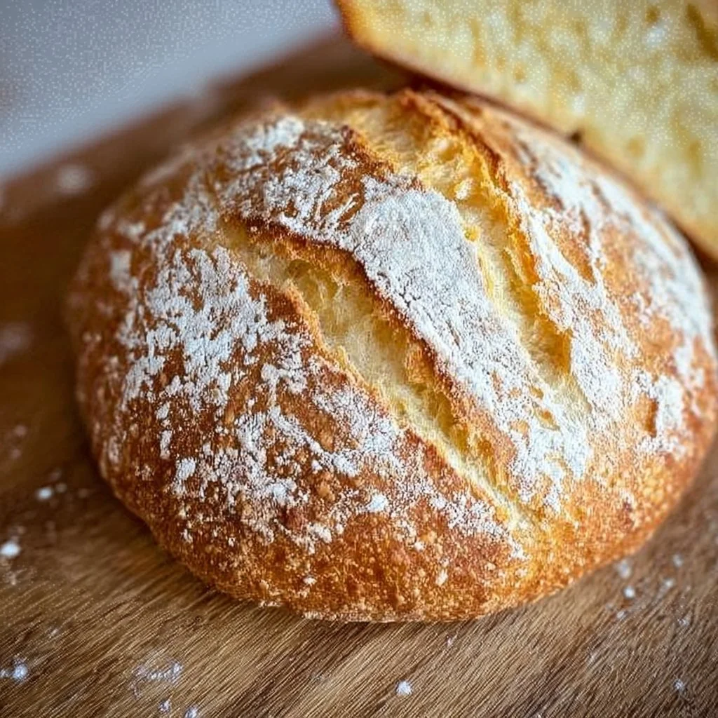 Slice of homemade no knead gluten free bread on a wooden cutting board