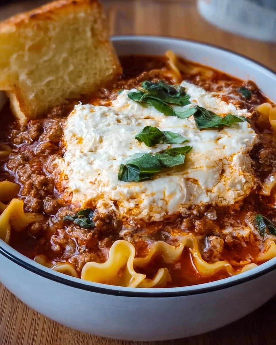 Delicious bowl of one-pot lasagna soup with fresh ingredients and melted cheese