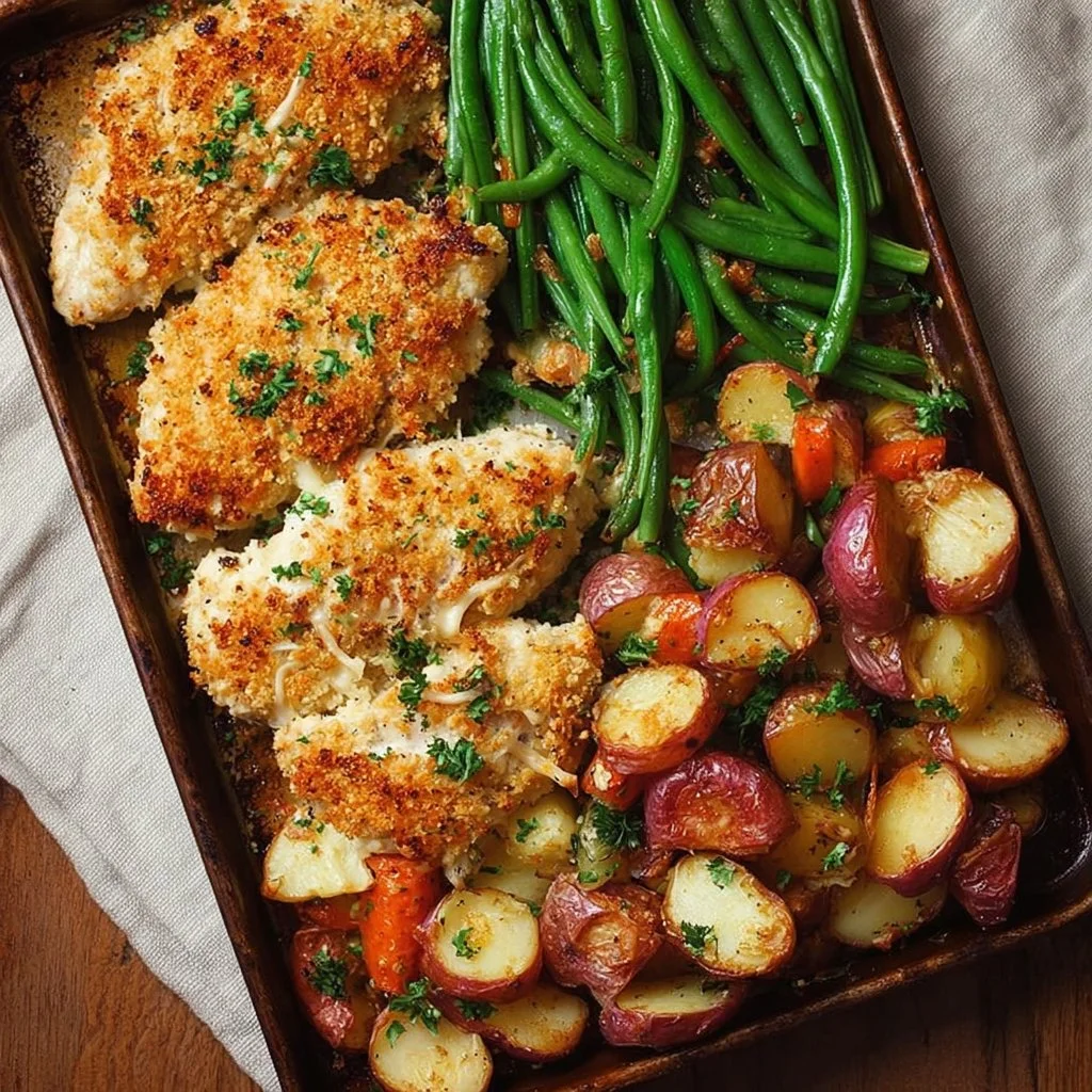 Parmesan Crusted Chicken on a sheet pan with vegetables
