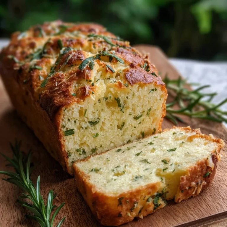 Loaf of Parmesan Herb Keto Bread with fresh herbs on a wooden table.