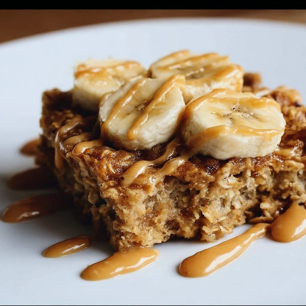 Peanut Butter Banana Baked Oatmeal dish topped with banana slices and peanut butter