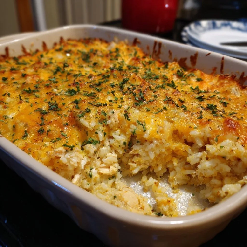 Pioneer Woman's Chicken Rice Casserole served in a bowl