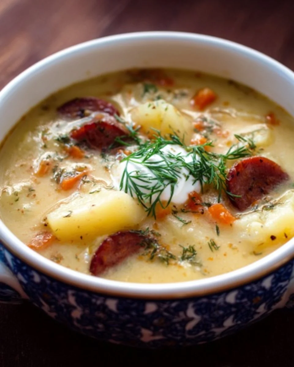 Bowl of Polish Potato Soup (Kartoflanka) garnished with fresh herbs and served warm.